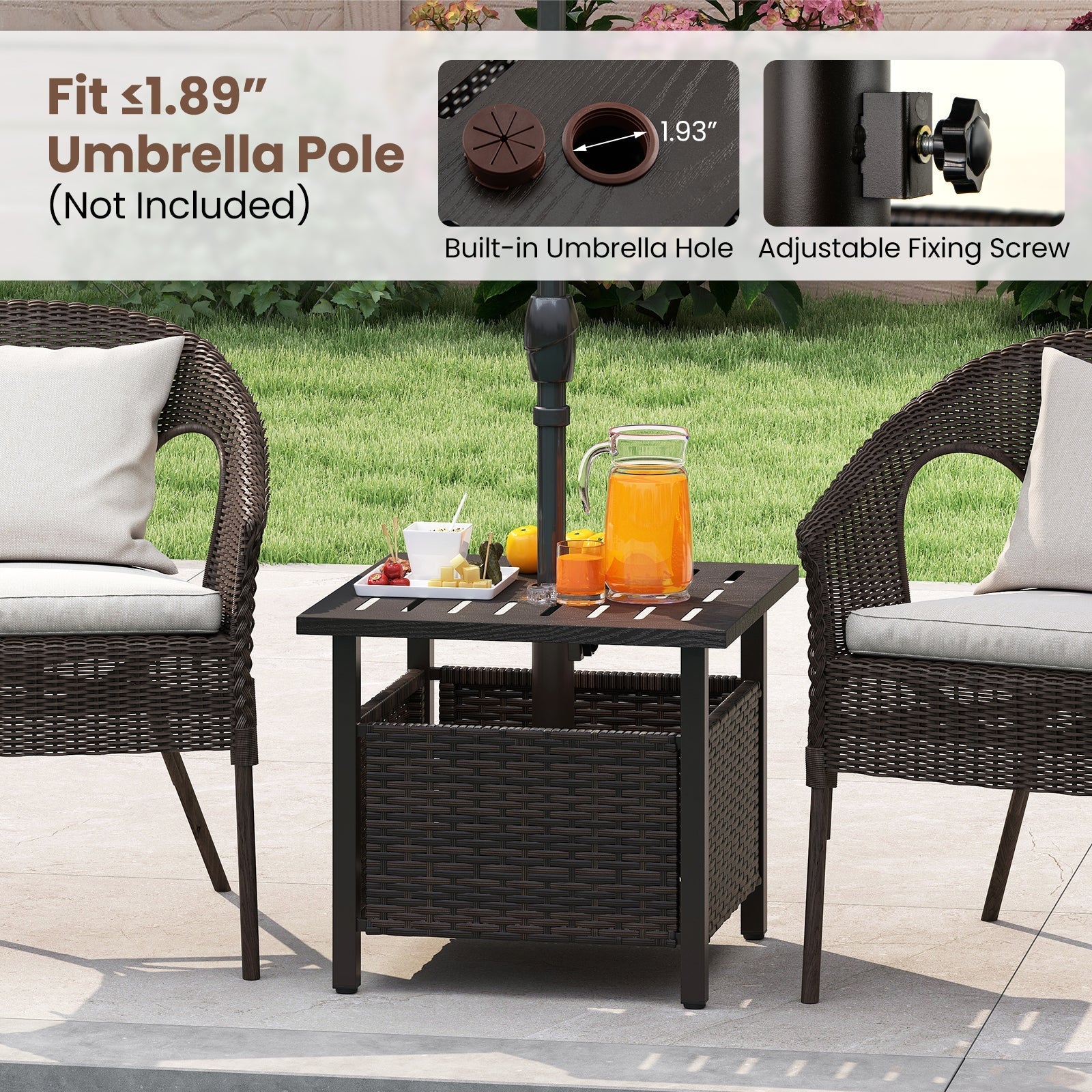 Outdoor Side Table All-Weather PE Wicker Brown with Umbrella Hole, shown with patio chairs on Tampa Home & Garden Store