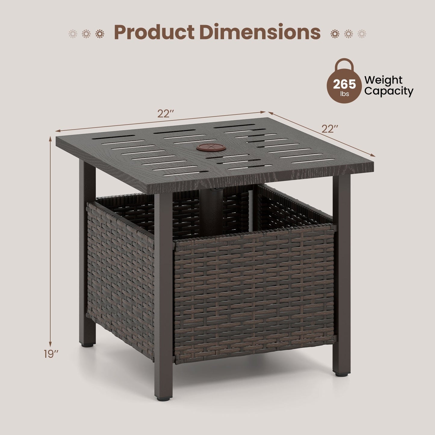LJGDeals brown PE wicker outdoor side table with umbrella hole, 22x22 top, basket storage on Tampa Home & Garden Store