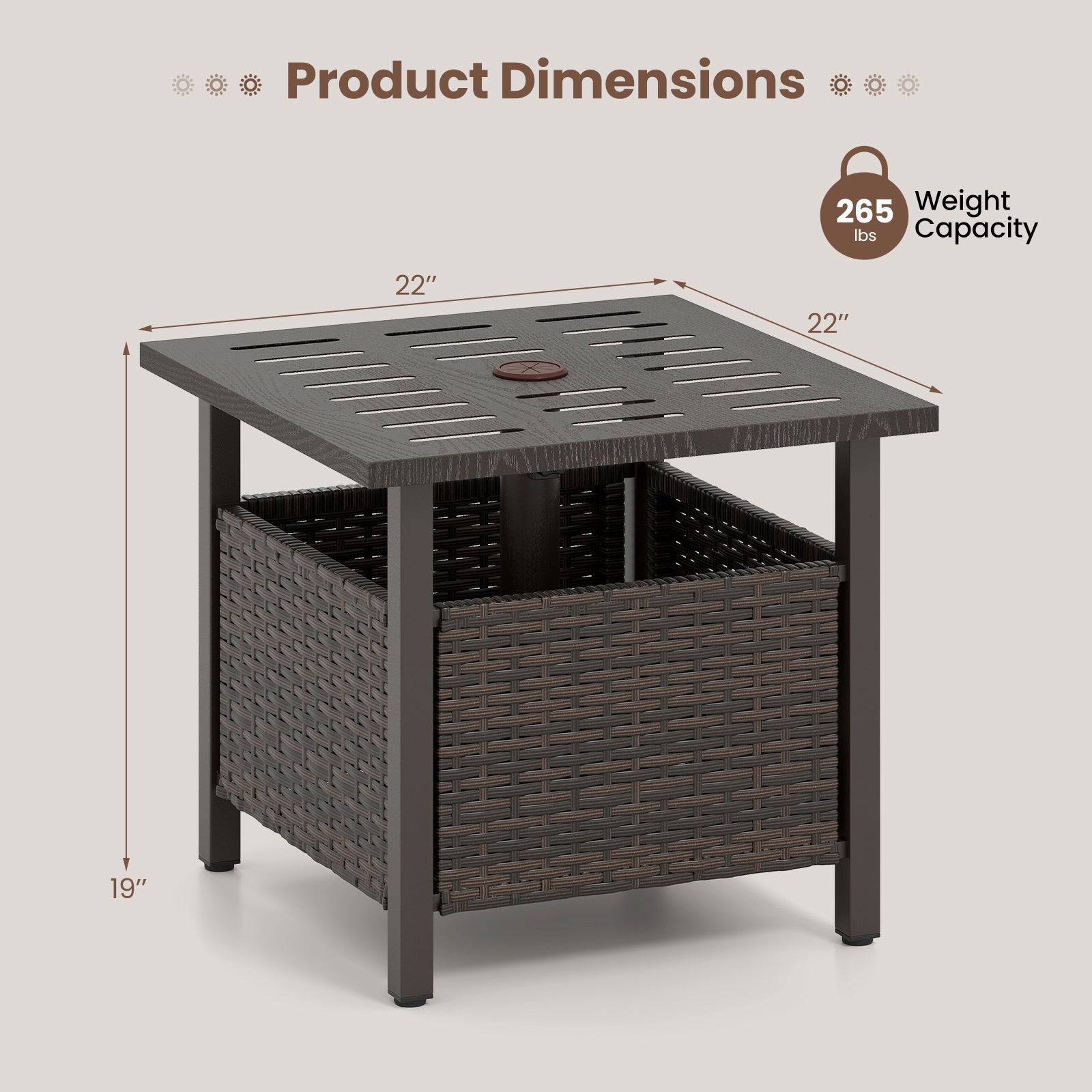 LJGDeals brown PE wicker outdoor side table with umbrella hole, 22x22 top, basket storage on Tampa Home & Garden Store