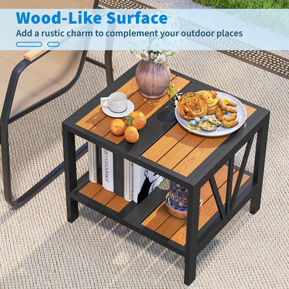 Outdoor Side Table with Umbrella Hole and Storage Shelf for Porch