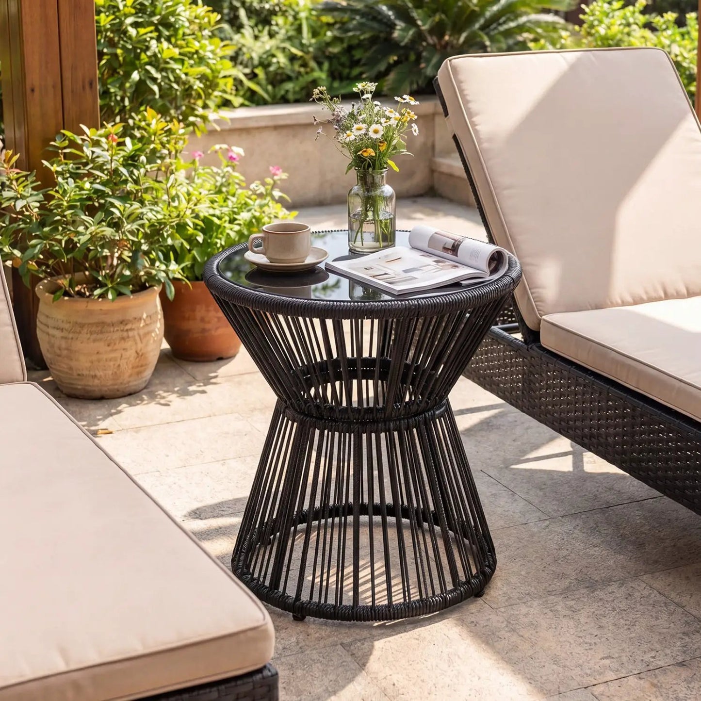 Outdoor Side Table with LED Warm Light Glass Top