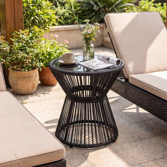 DirectDeals outdoor side table with LED warm light and tempered glass top, black wicker base on Tampa Home & Garden Store