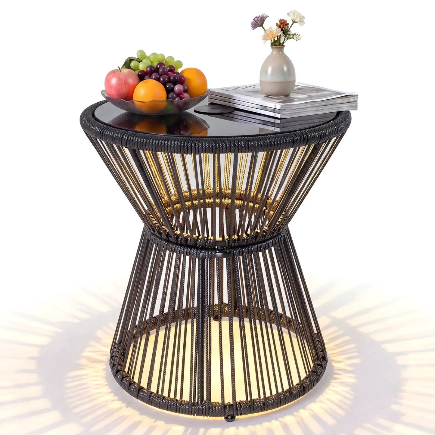 Outdoor Side Table with LED Warm Light Glass Top
