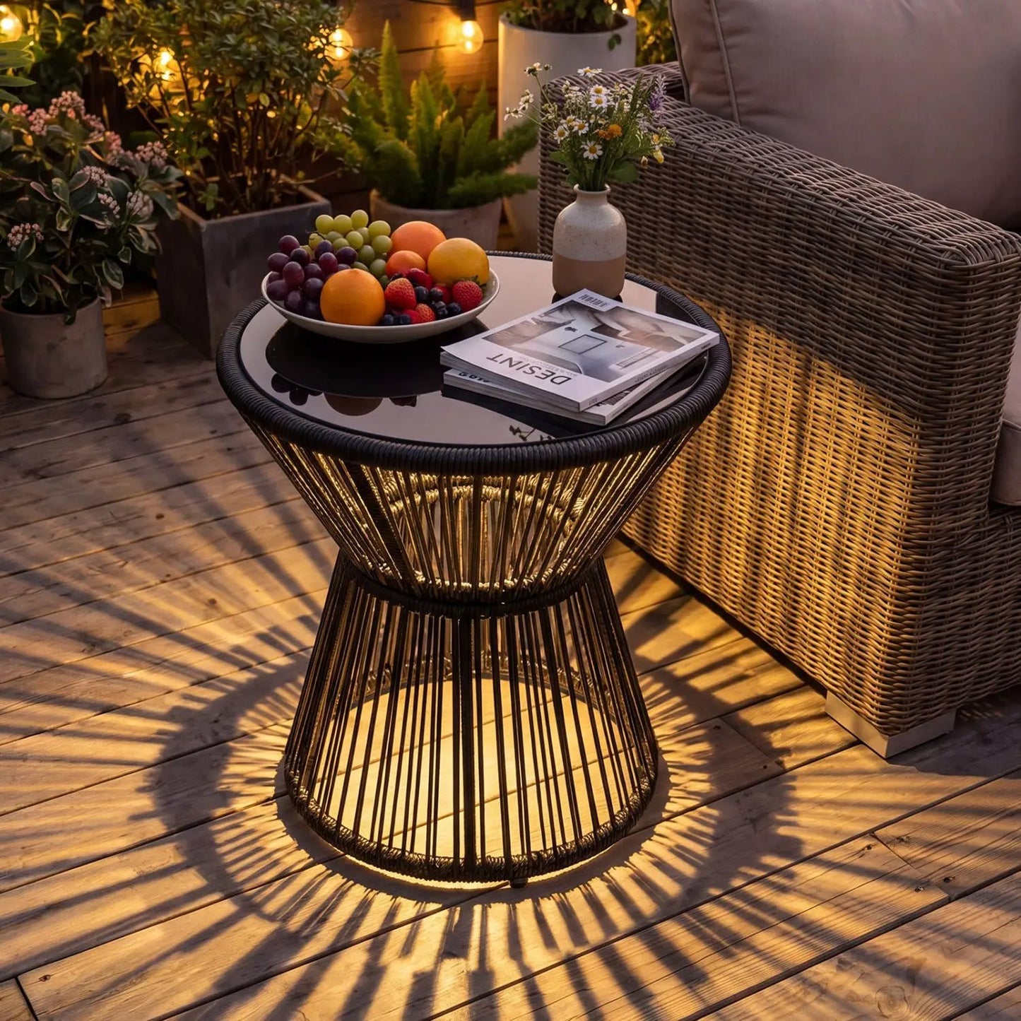 Outdoor Side Table with LED Warm Light Glass Top