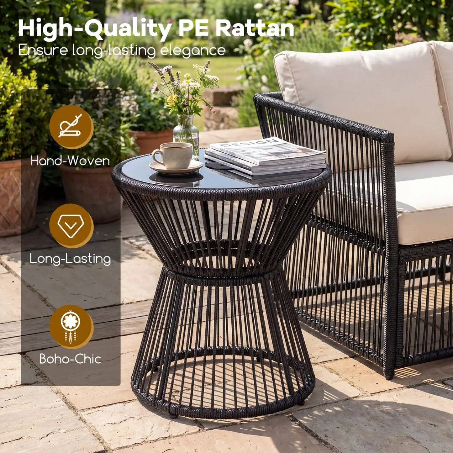 Outdoor Side Table with LED Warm Light Glass Top