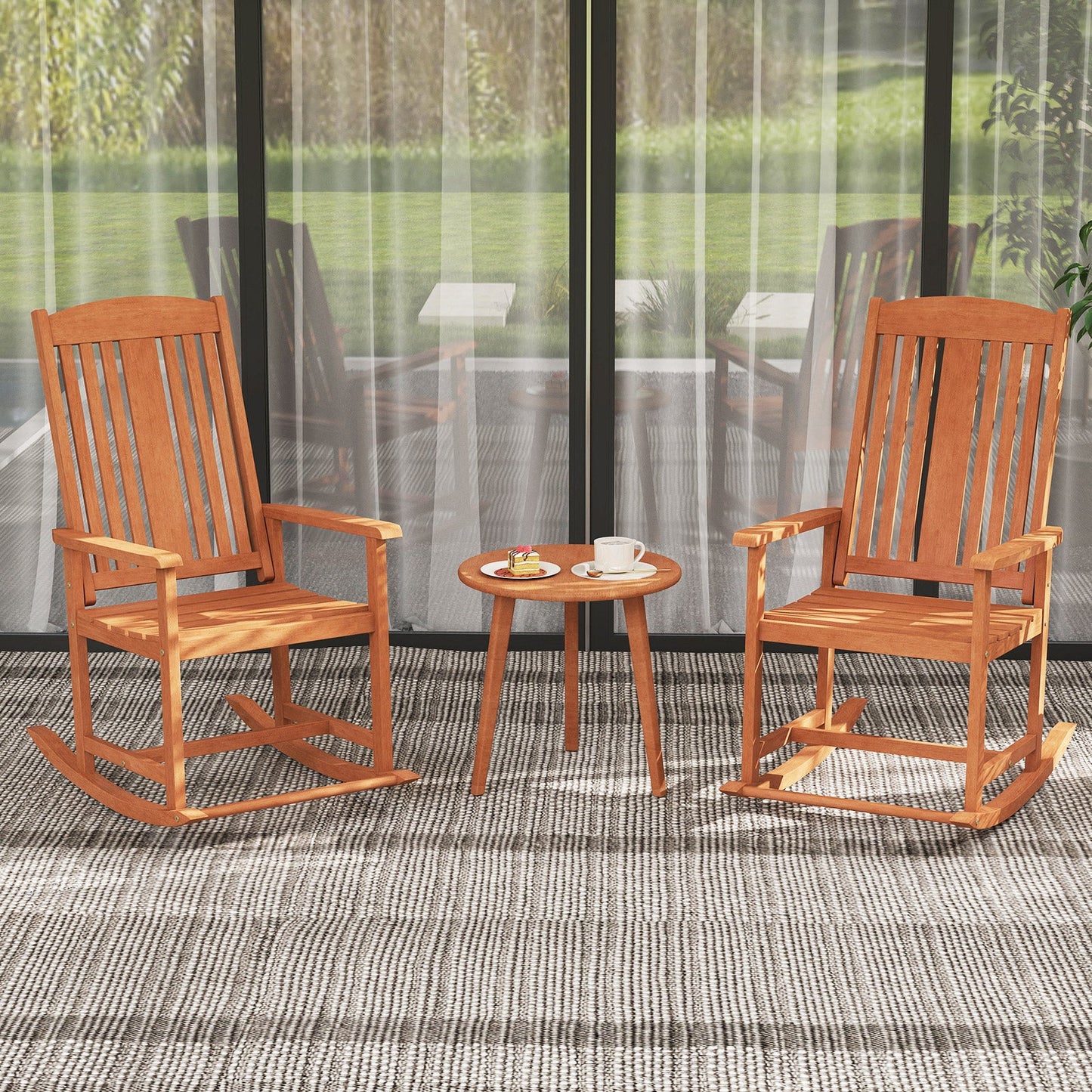 Mecedora de exterior de madera maciza con respaldo alto y asiento de listones