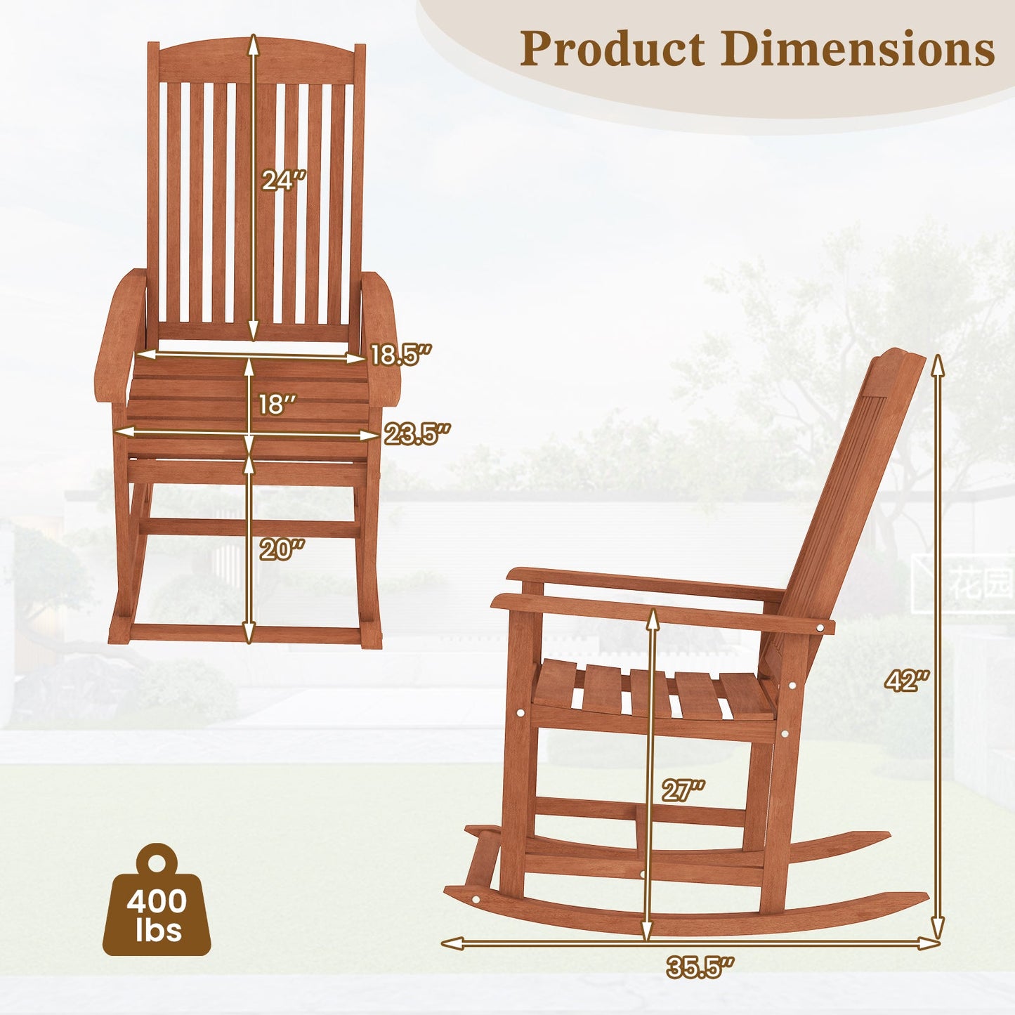 Mecedora de exterior de madera maciza con respaldo alto y asiento de listones