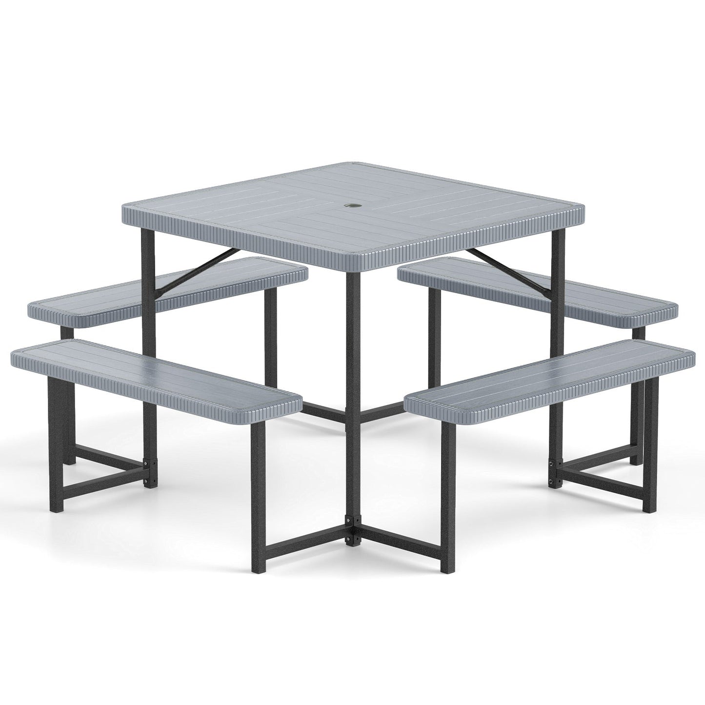 Outdoor Square Picnic Table Bench Set for 4-8 People with Umbrella Hole-Black