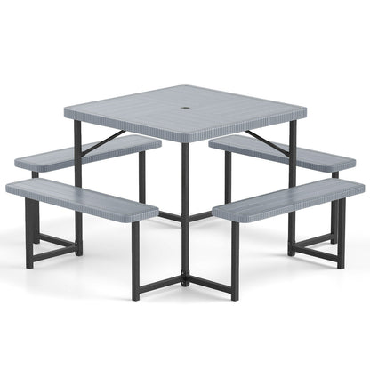 Outdoor Square Picnic Table Bench Set for 4-8 People with Umbrella Hole-Black