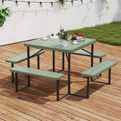 Outdoor Square Picnic Table Bench Set for 4-8 People with Umbrella Hole-Green