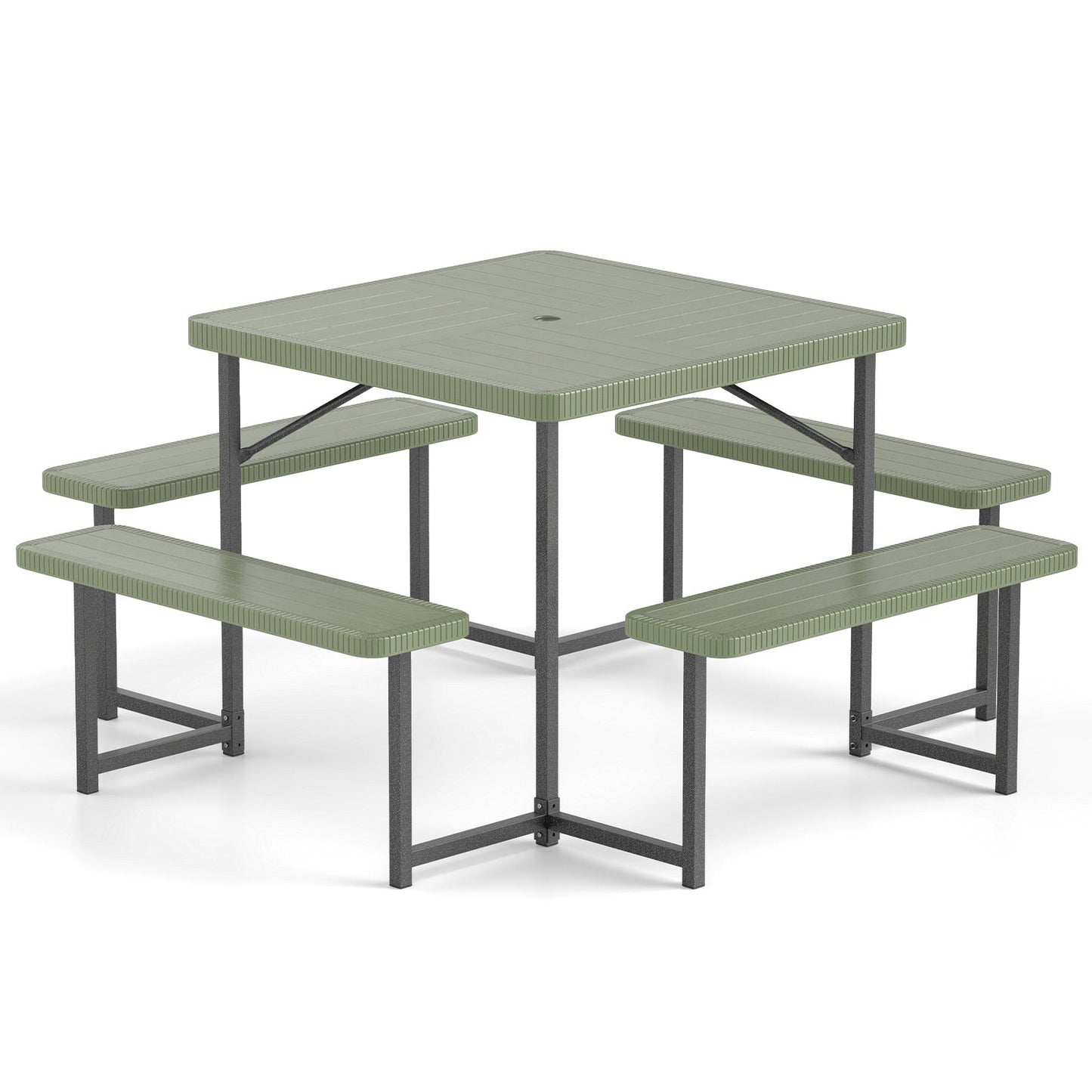 Outdoor Square Picnic Table Bench Set for 4-8 People with Umbrella Hole-Green