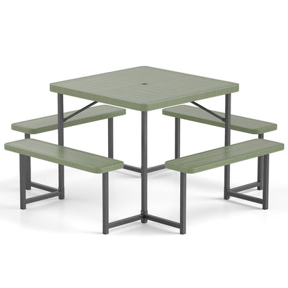 Outdoor Square Picnic Table Bench Set for 4-8 People with Umbrella Hole-Green