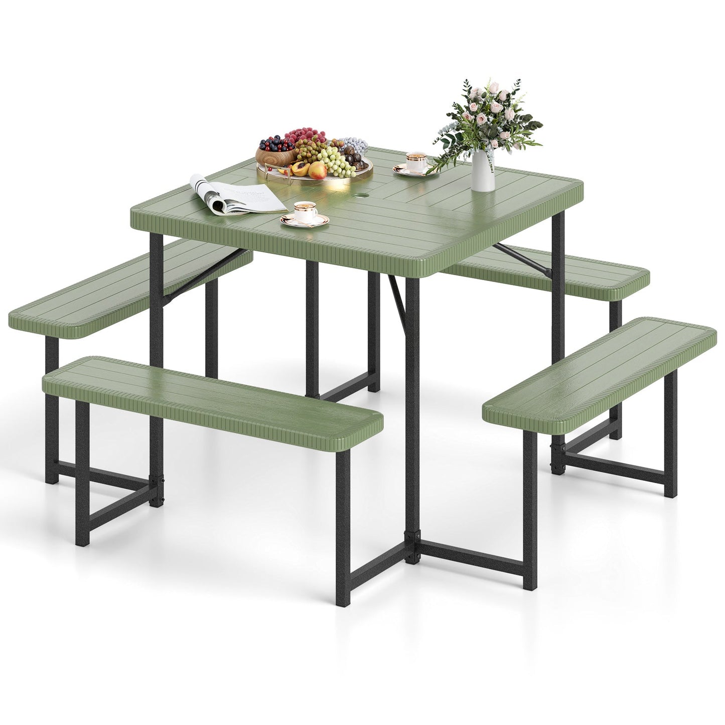 Outdoor Square Picnic Table Bench Set for 4-8 People with Umbrella Hole-Green