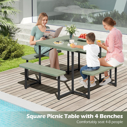 Outdoor Square Picnic Table Bench Set for 4-8 People with Umbrella Hole-Green