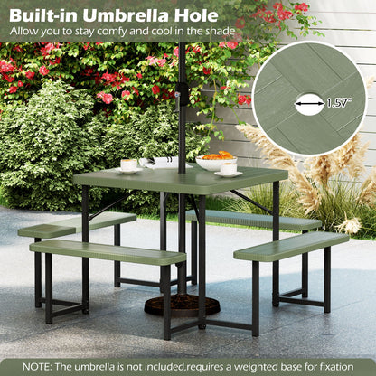 Outdoor Square Picnic Table Bench Set for 4-8 People with Umbrella Hole-Green