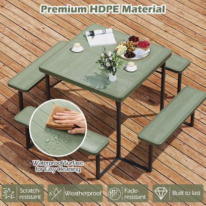 Outdoor Square Picnic Table Bench Set for 4-8 People with Umbrella Hole-Green