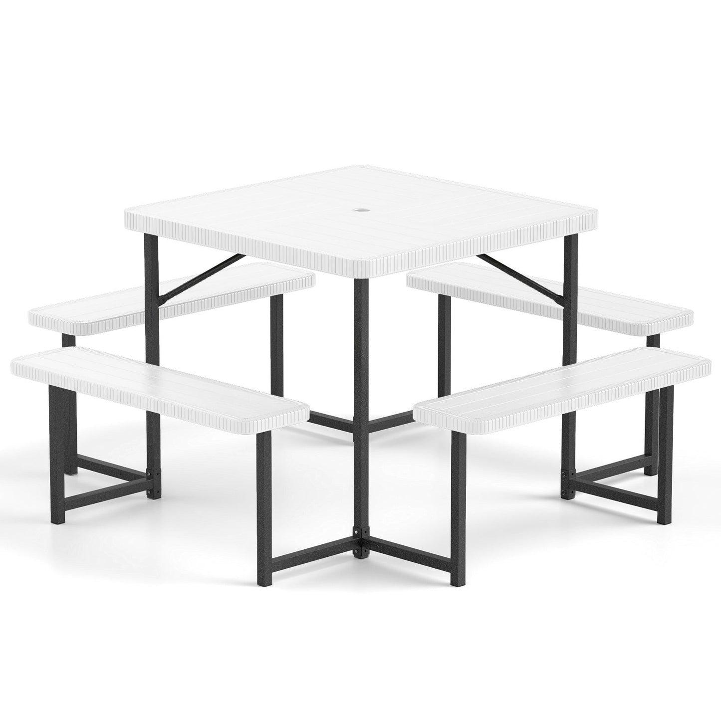 Outdoor Square Picnic Table Bench Set for 4-8 People with Umbrella Hole-Black