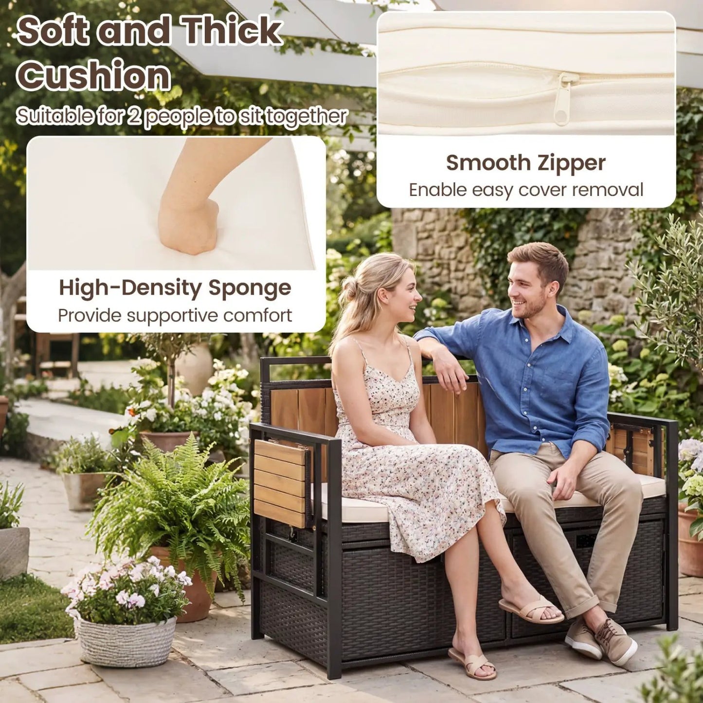 Outdoor Storage Bench Side Tables Cushioned Seat