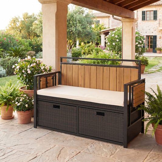 Outdoor Storage Bench with 2 Side Tables and Cushioned Seat by DirectDeals in black wicker and wood slat back on Tampa Home & Garden Store