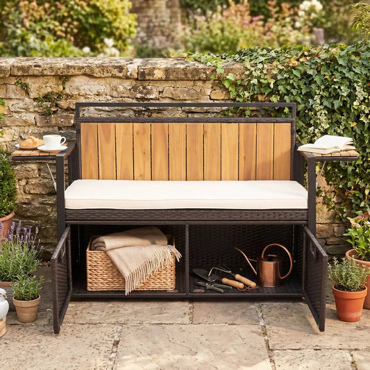Outdoor storage bench with 2 side tables, dark wicker frame, beige cushion DirectDeals on Tampa Home & Garden Store