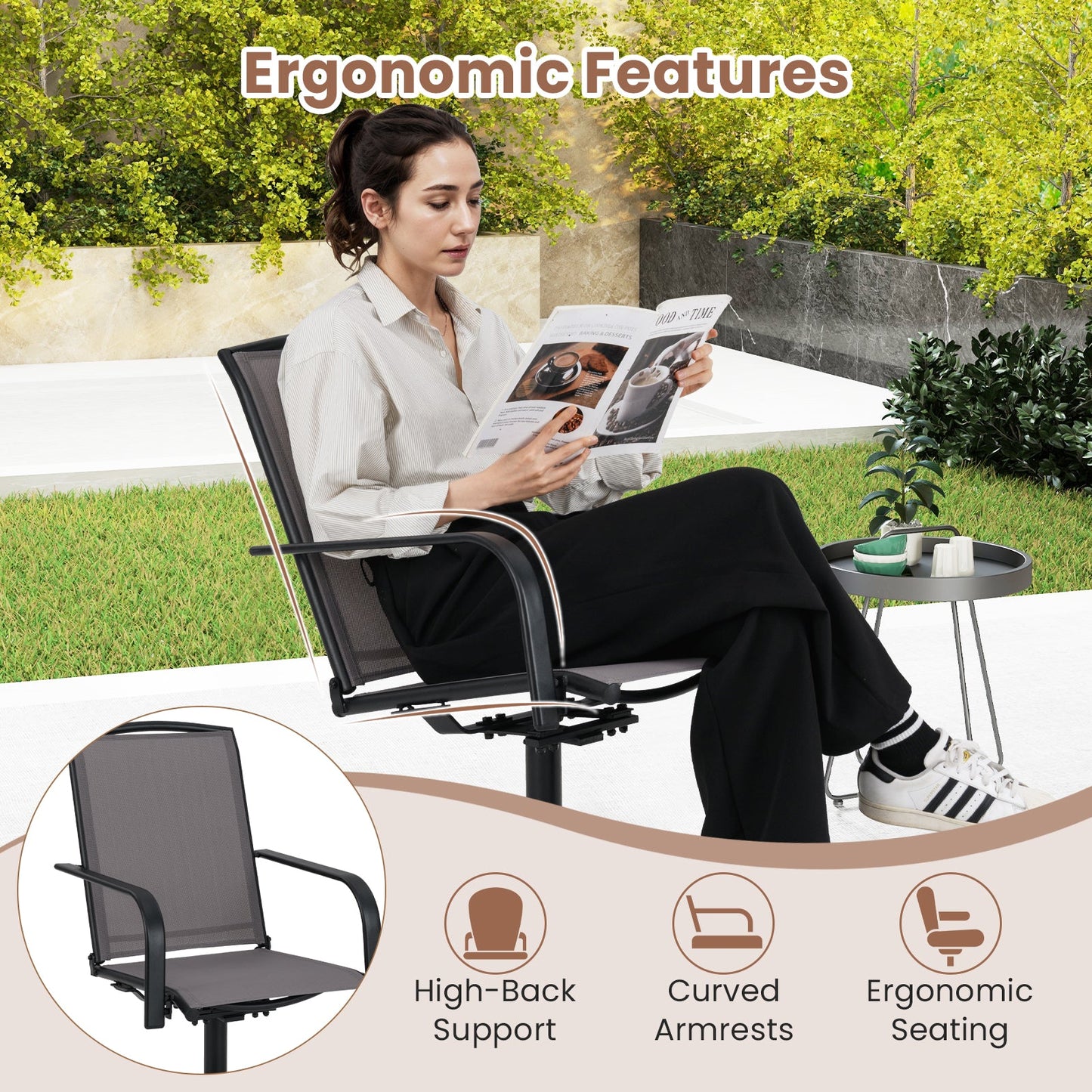 Juego de 2 sillas giratorias de exterior con respaldo alto y asiento transpirable - Gris