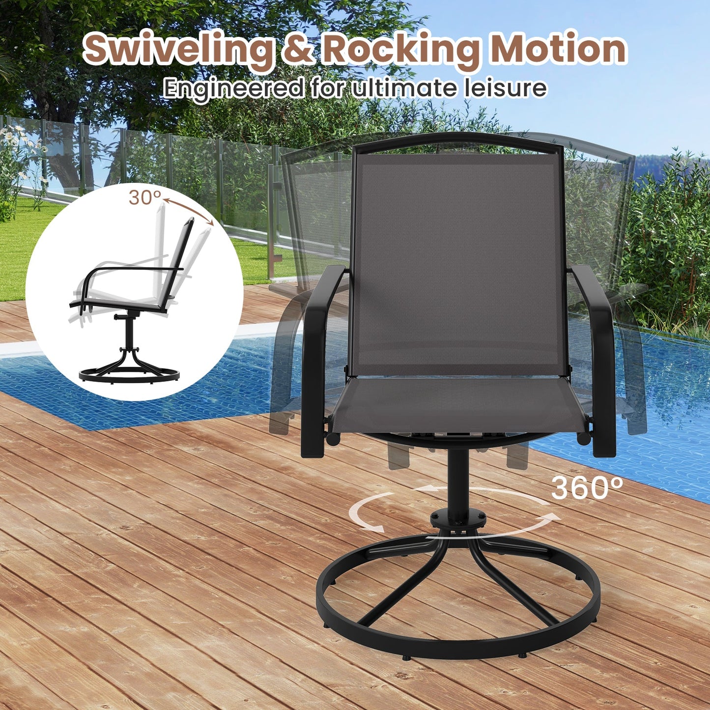 Juego de 2 sillas giratorias de exterior con respaldo alto y asiento transpirable - Gris