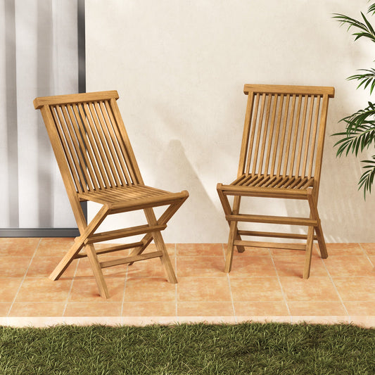 Outdoor Teak Wood Chairs Set of 2 with Slatted Seat and Backrest - Tampa Home & Garden Store