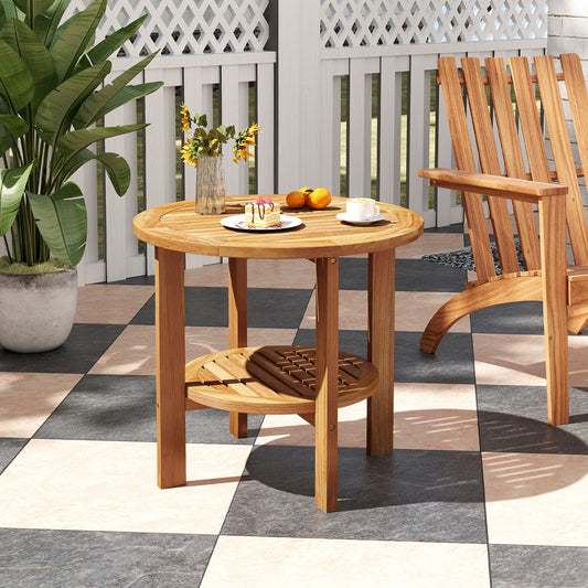 Outdoor Teak Wood Round Side Table Patio End Table with Slatted Storage Shelf - Tampa Home & Garden Store