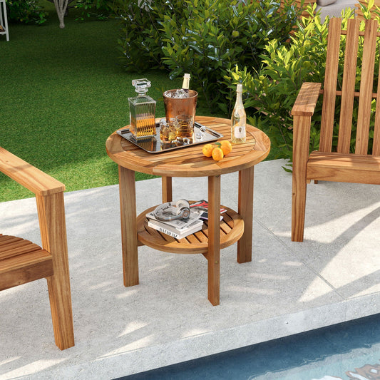 Outdoor Teak Wood Round Side Table Patio End Table with Slatted Storage Shelf - Tampa Home & Garden Store