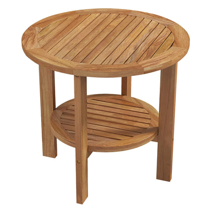 Mesa auxiliar redonda de madera de teca para exteriores con estante de almacenamiento de listones para patio