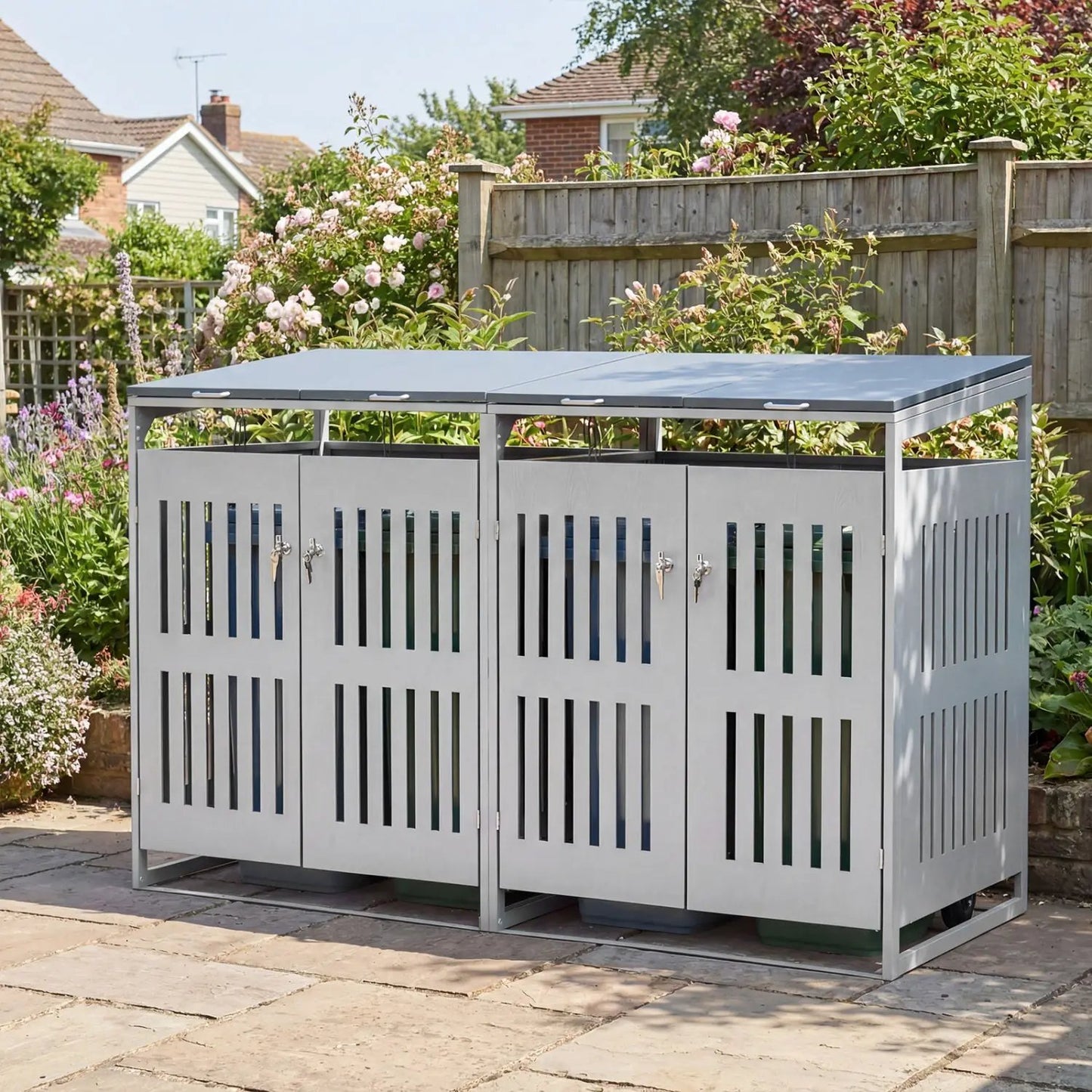Outdoor Trash Can Shed for 2 Bins with Gas Struts