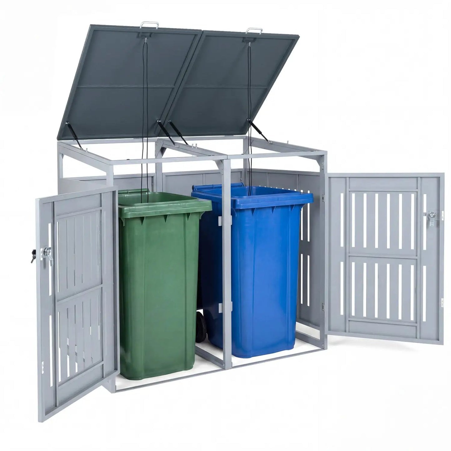 Outdoor Trash Can Shed for 2 Bins with Gas Struts
