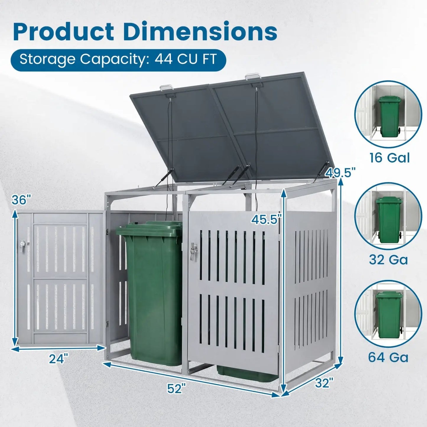 Outdoor Trash Can Shed for 2 Bins with Gas Struts