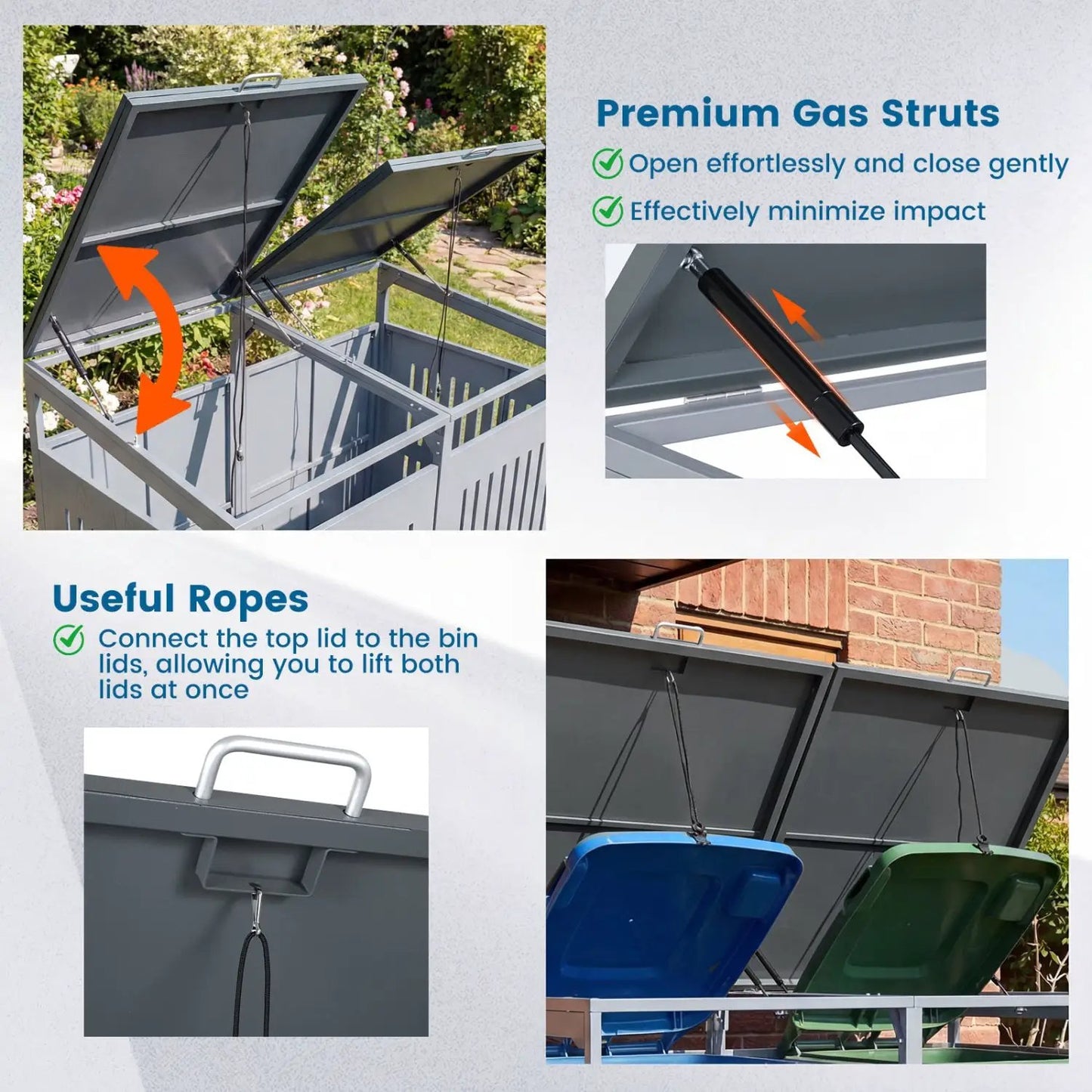 Outdoor Trash Can Shed for 2 Bins with Gas Struts