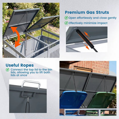 Outdoor Trash Can Shed for 2 Bins with Gas Struts
