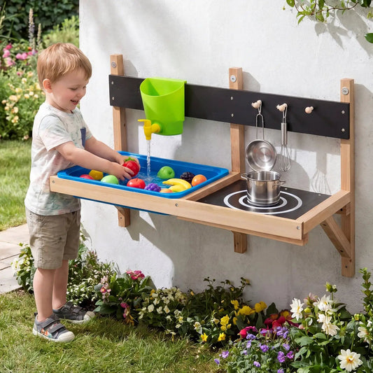 Wall mounted mud kitchen play set by DirectDeals, blue tray and frame in outdoor setup on Tampa Home & Garden Store