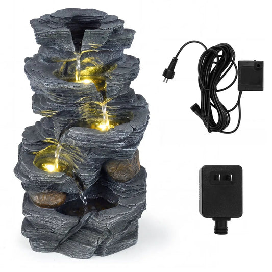 Outdoor water fountain by DirectDeals, five-tier rock design with warm LED lights and pump on Tampa Home & Garden Store