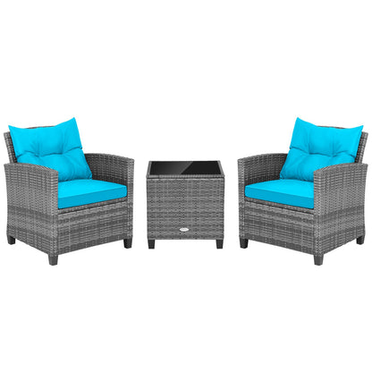3 Pieces Outdoor Wicker Conversation Set with Tempered Glass Tabletop-Black