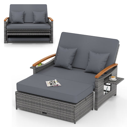 Outdoor Wicker Daybed with Folding Panels and Storage Ottoman-Beige