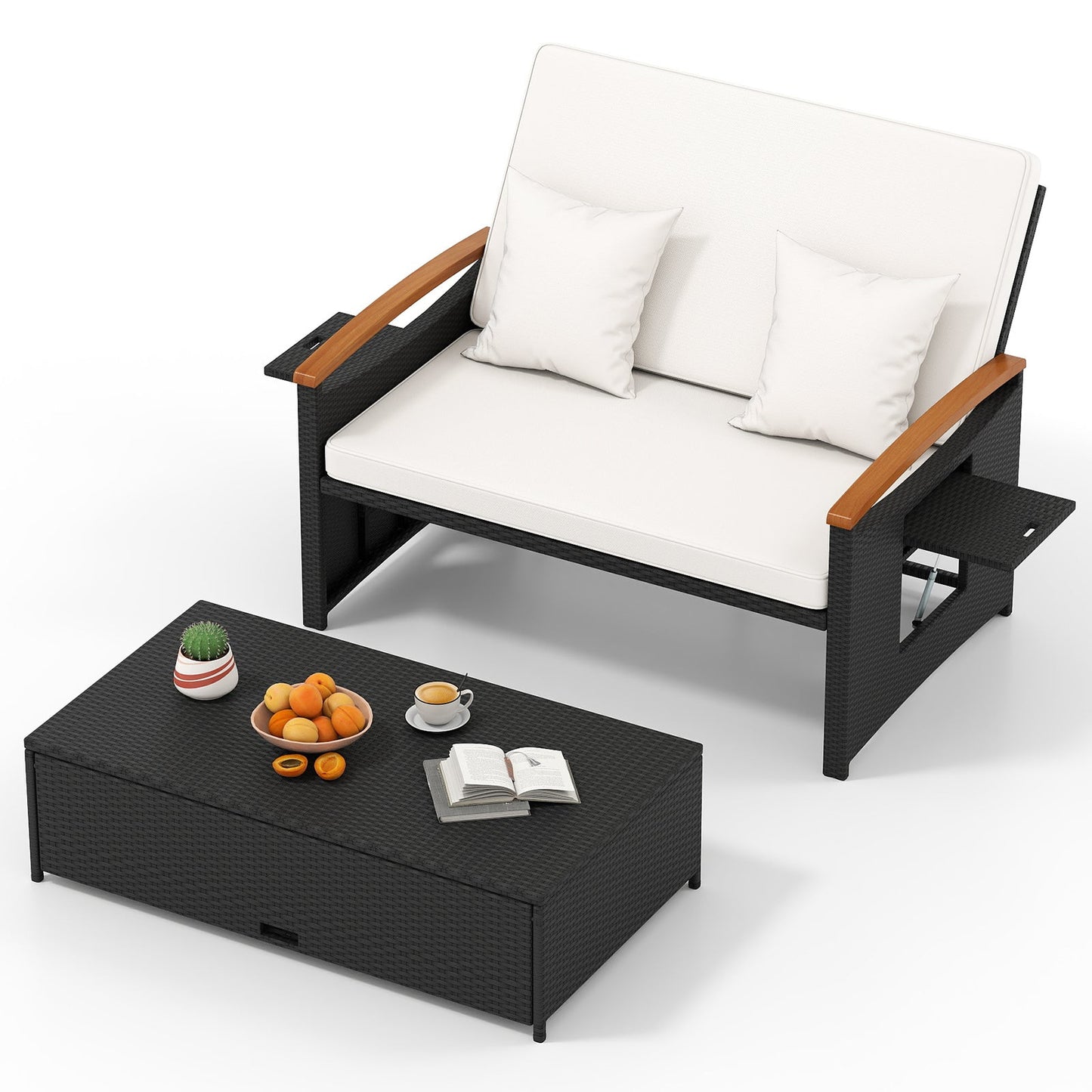 Outdoor Wicker Daybed with Folding Panels and Storage Ottoman-Beige