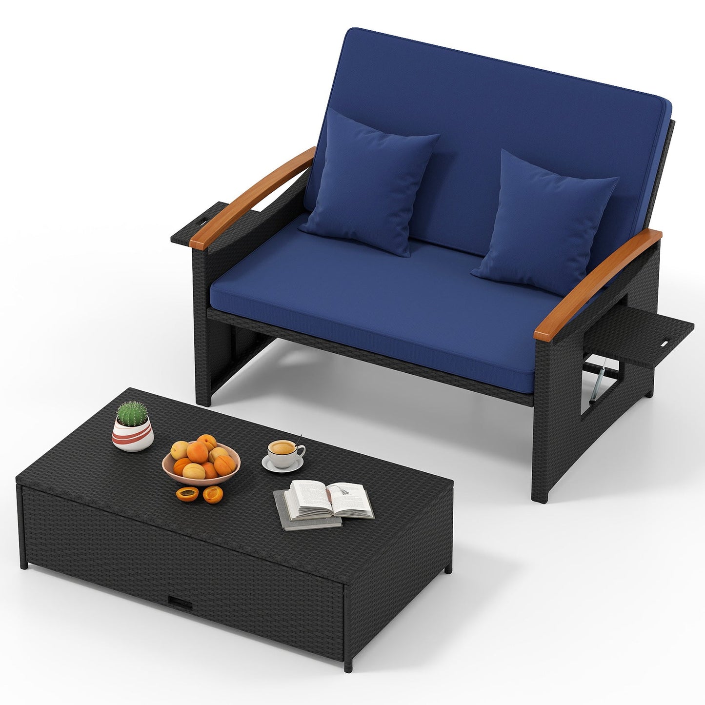 Outdoor Wicker Daybed with Folding Panels and Storage Ottoman-Beige