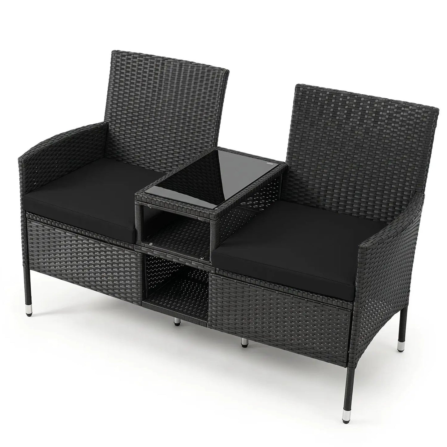 Outdoor Wicker Loveseat With Glass Side Table