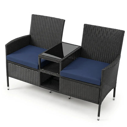 Outdoor Wicker Loveseat With Glass Side Table