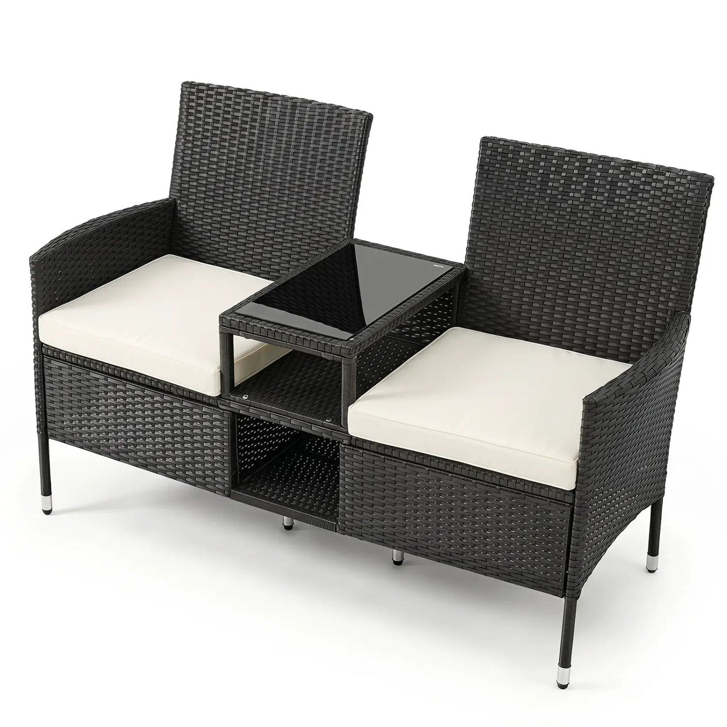 Outdoor Wicker Loveseat With Glass Side Table