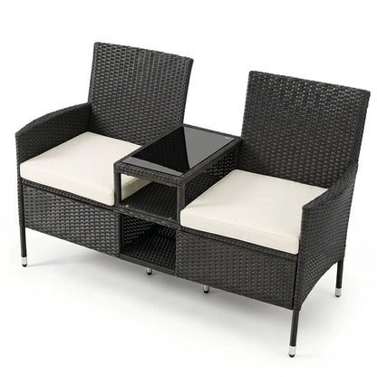 Outdoor Wicker Loveseat With Glass Side Table