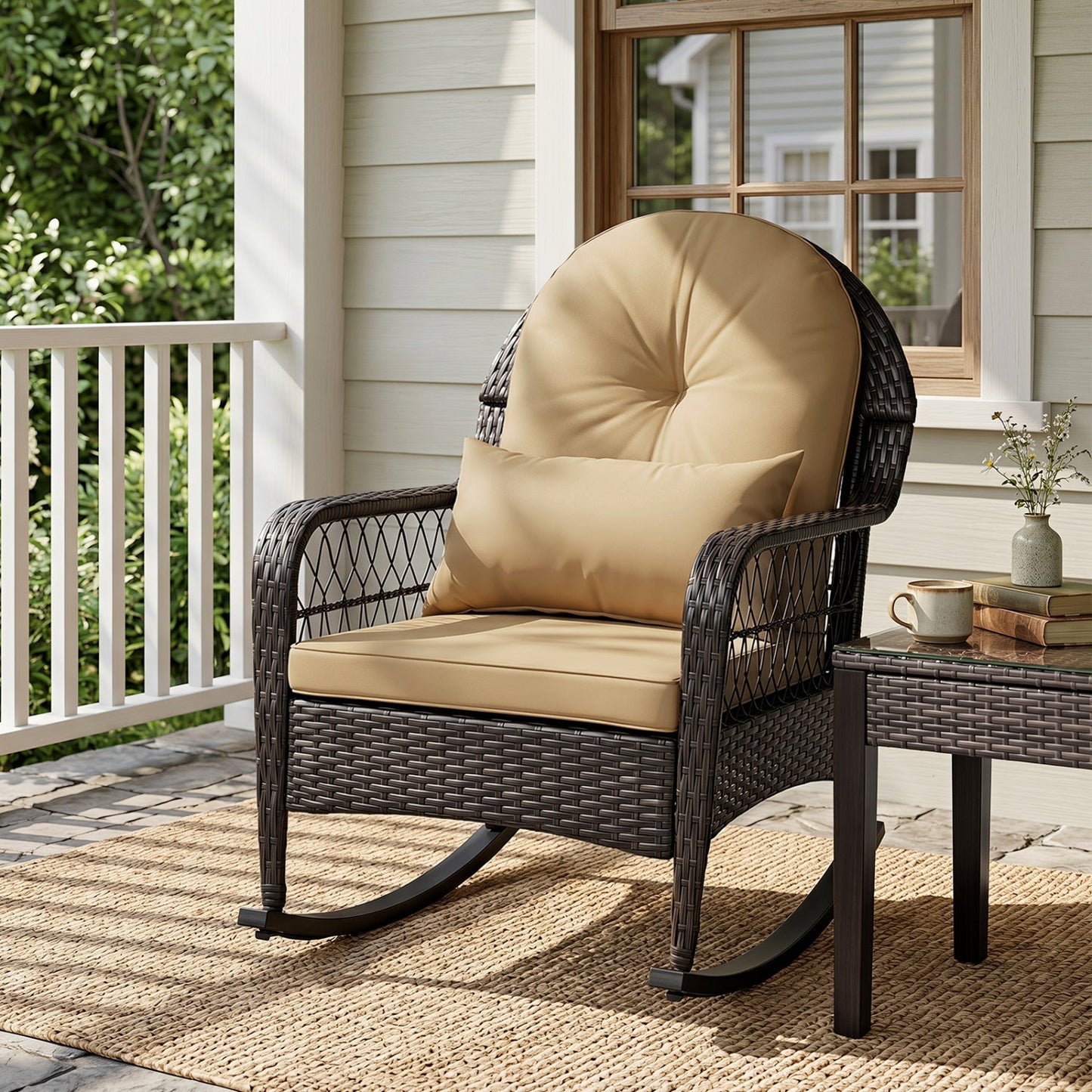 Rocking chair DirectDeals outdoor wicker with beige cushions on porch on Tampa Home & Garden Store