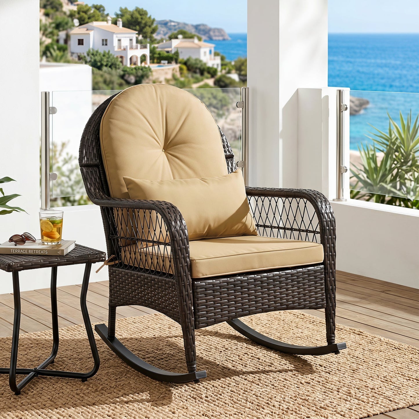 Outdoor wicker rocking chair DirectDeals with beige cushions and 400 lb capacity on a patio on Tampa Home & Garden Store