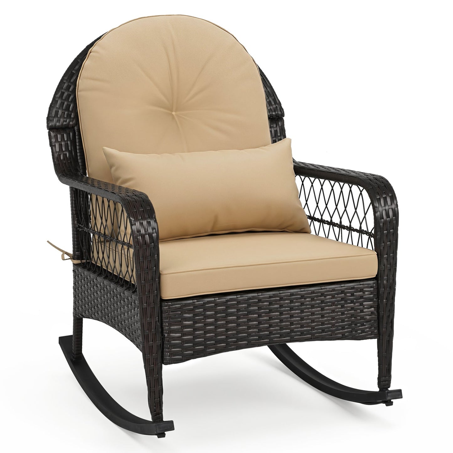 Outdoor wicker rocking chair with beige cushions by DirectDeals, 400 lb capacity on Tampa Home & Garden Store