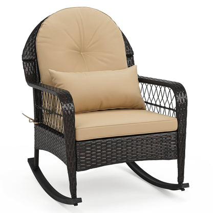 Outdoor wicker rocking chair with beige cushions by DirectDeals, 400 lb capacity on Tampa Home & Garden Store