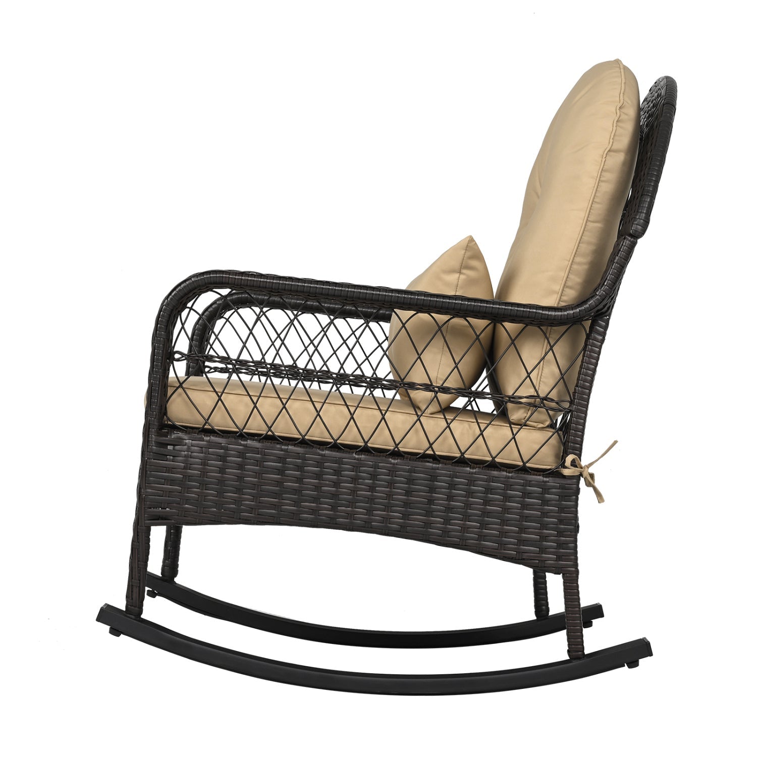 DirectDeals outdoor wicker rocking chair with beige cushions, dark brown weave on Tampa Home & Garden Store